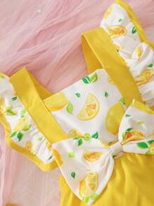 嬰兒檸檬圖案荷葉邊前蝴蝶結背帶連體衣 - 黃色 - 查看 4