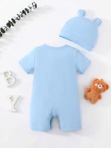 SHEIN 男婴童熊和標語圖案連身短褲和帽