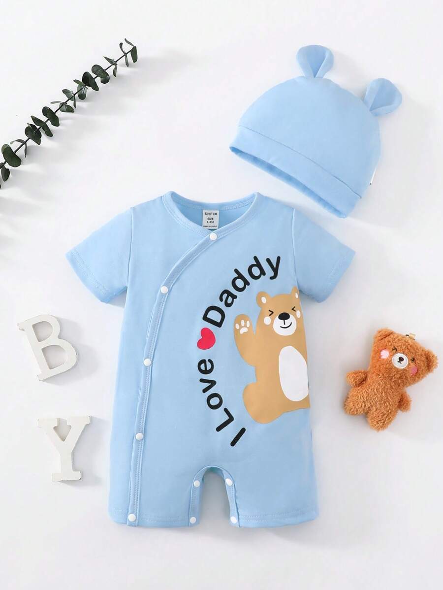 SHEIN 男婴童熊和標語圖案連身短褲和帽