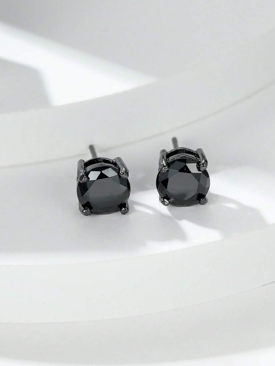 Vanel A Pair Of Simple And Fashionable Four-Claw Round Stud Earrings, Minimalist Jewelry For Women (Copper Material Earring Is Relatively Soft, The Ear Pin Can Be Straightened By Clamping) - Black - View 1