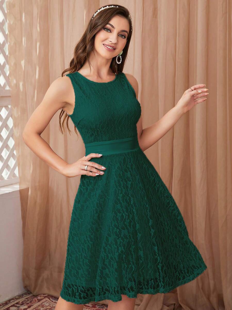 Đầm Tương phản ren Dây kéo màu trơn Thanh lịch - Màu xanh lá cây đậm - Xem 1