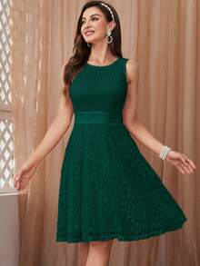 Đầm Tương phản ren Dây kéo màu trơn Thanh lịch - Màu xanh lá cây đậm - Xem 3