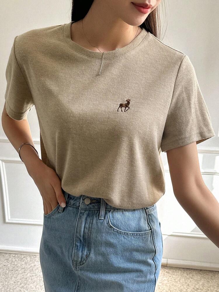 Animal Embroidery Round Neck Tee