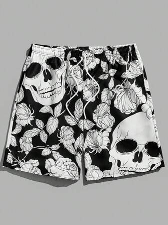 LOLITAGraphics Guys Floral & Skull Print Drawstring Waist Shorts
