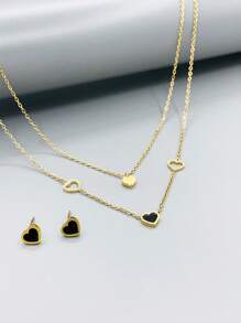 3 Cái/bộ Nữ Mặt Dây Thép Không Gỉ Hình Trái Tim Màu Đen, Vòng Cổ Hai Lớp, Bông Tai - Nhiều màu - Xem 1