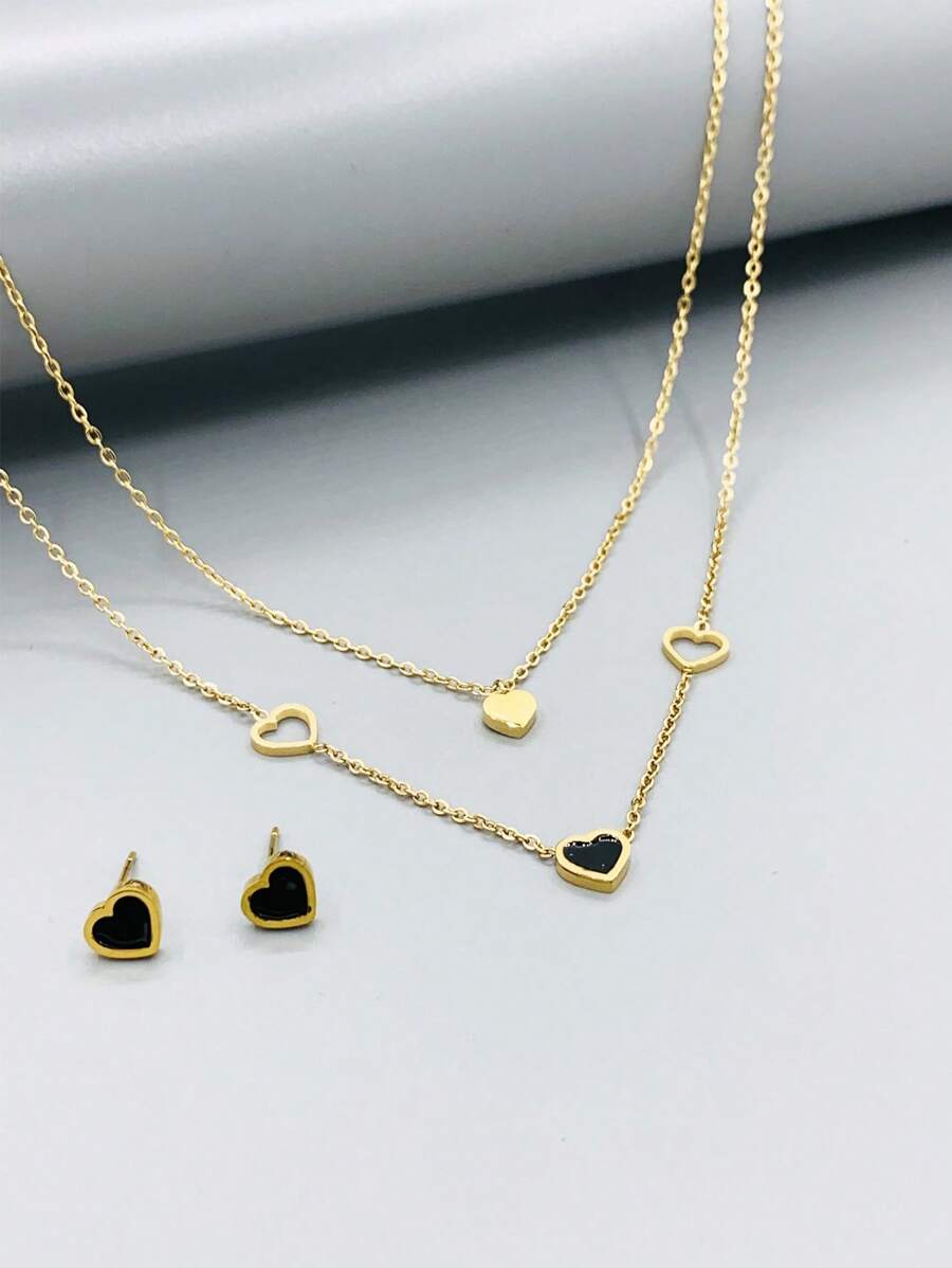 3 Cái/bộ Nữ Mặt Dây Thép Không Gỉ Hình Trái Tim Màu Đen, Vòng Cổ Hai Lớp, Bông Tai - Nhiều màu - Xem 1