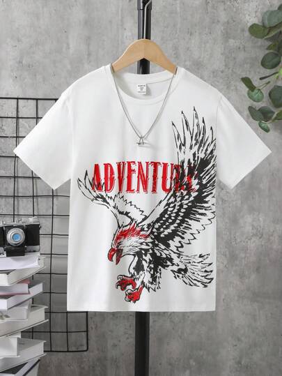 SHEIN Leap Crew 青少年男孩動物印花短袖毛衣T卹，度假風格