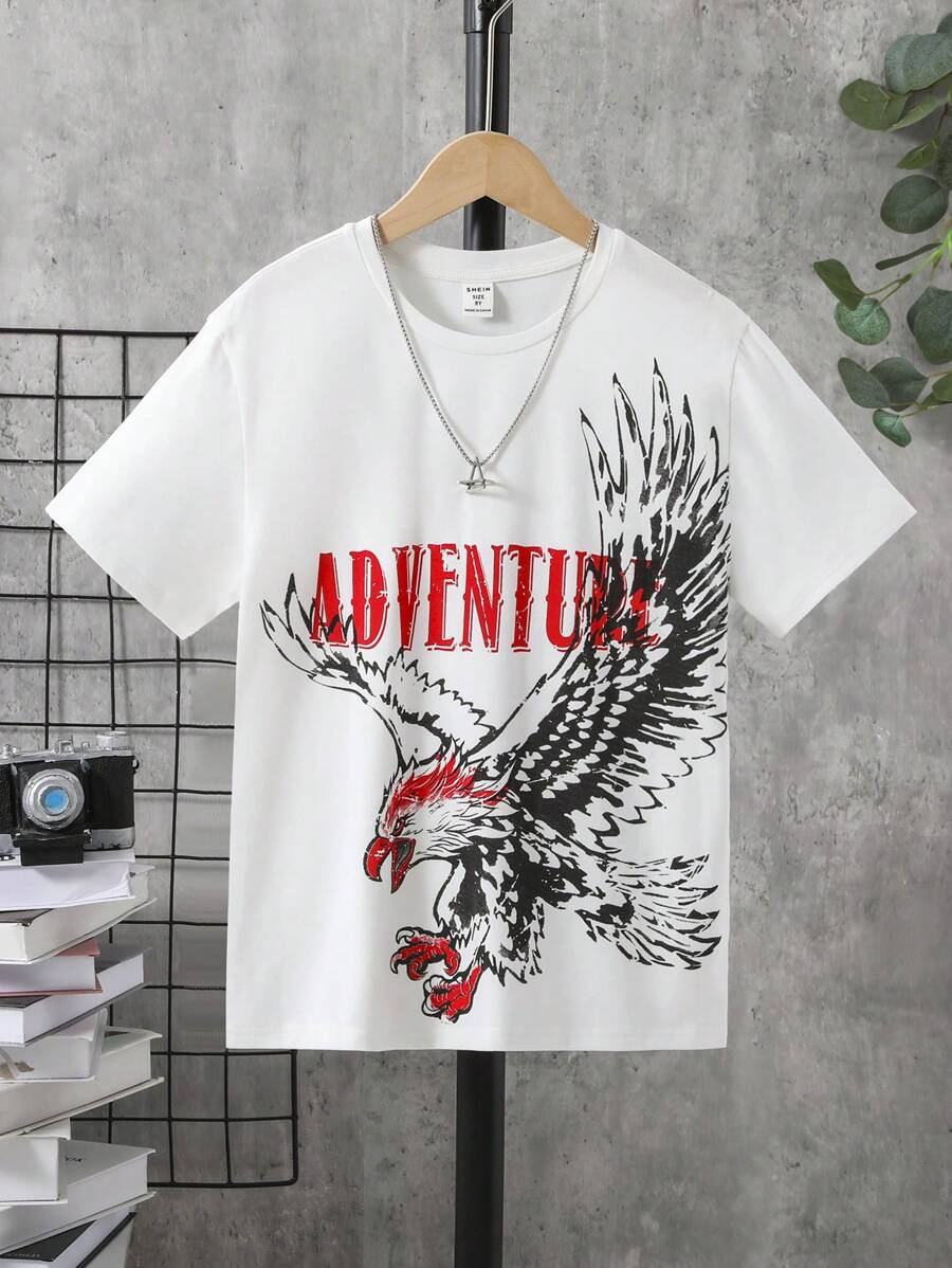 SHEIN Leap Crew 青少年男孩動物印花短袖毛衣T卹，度假風格 - 白色 - 查看 1