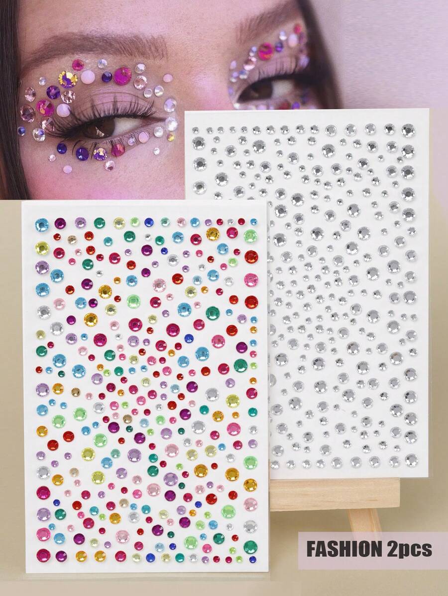 2PCS 3D Multi Particle Facial Decoration Rhinestone, Eye Tail Decoration Flash Diamond, Fake Nail Decoration Y2k Festival Party Daily Dress Up DIY Facial Decoration Music Festival Makeup Ball Suitable For Hair, Eyes, Face, Body Decoration Diamond