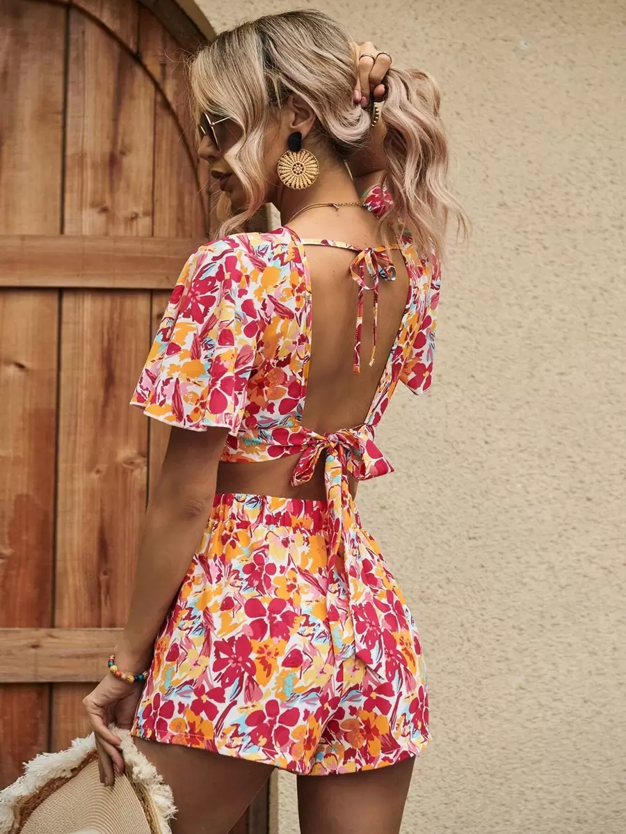 Breezaya Floral Print Tie Backless Crop Blouse & Shorts - Multicolor - View 1