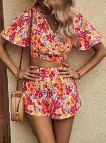 Breezaya Floral Print Tie Backless Crop Blouse & Shorts - Multicolor - View 3
