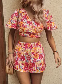 Breezaya Floral Print Tie Backless Crop Blouse & Shorts - Multicolor - View 4