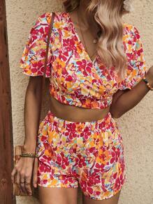 Breezaya Floral Print Tie Backless Crop Blouse & Shorts - Multicolor - View 5