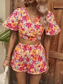 Breezaya Floral Print Tie Backless Crop Blouse & Shorts - Multicolor - View 6