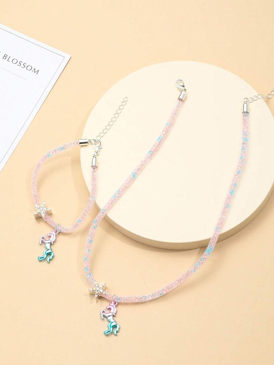 1 件水钻星和彩色马项链和 1 件手链首饰套装，适合儿童 - 彩色 - 查看 1