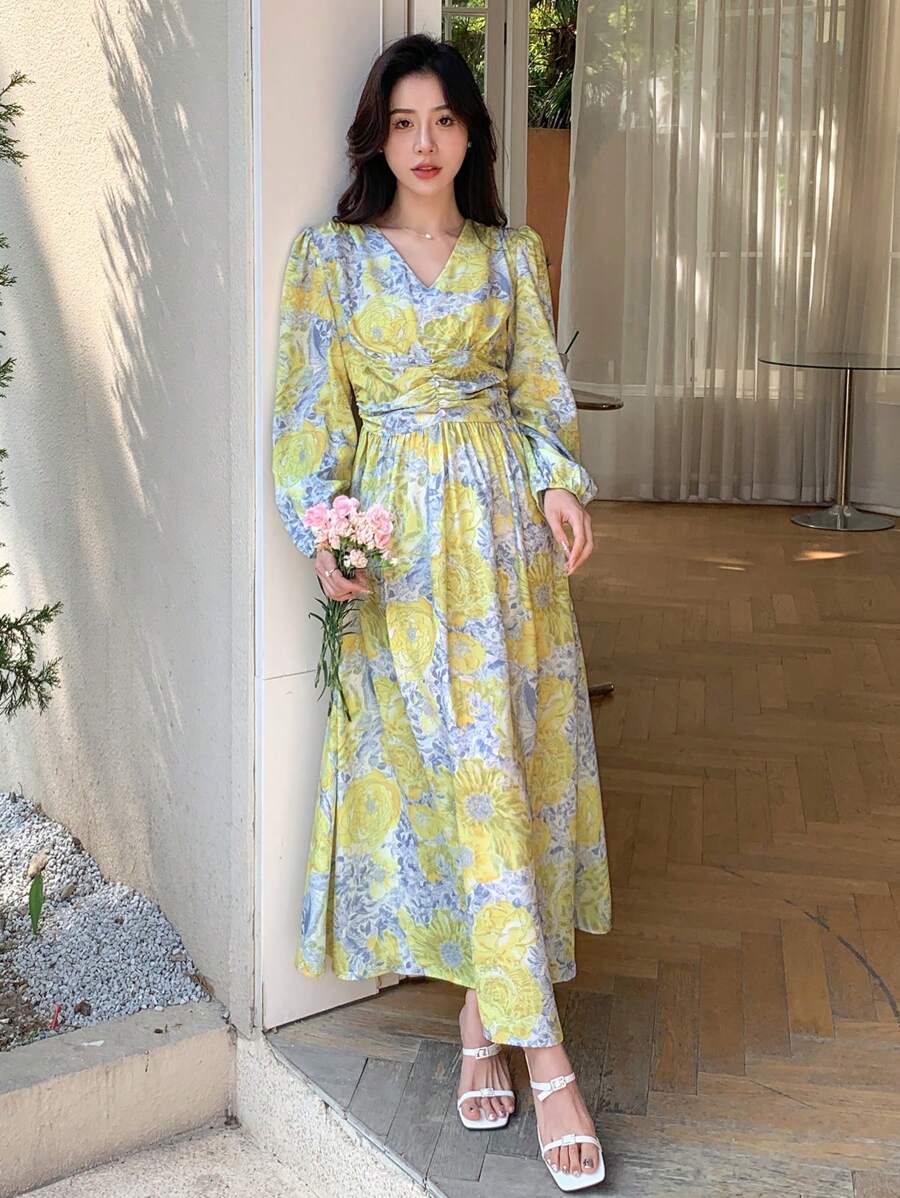 DAZY Floral Print Ruched Front Dress - Multicolor - View 1