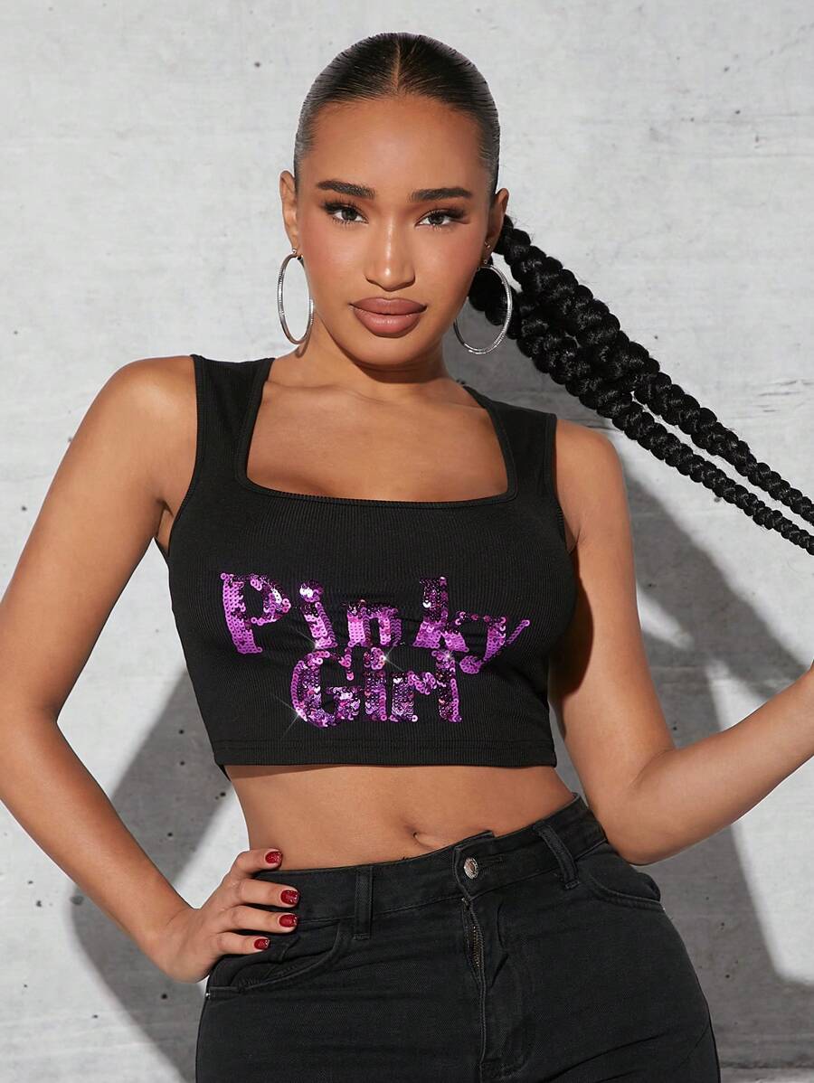 SHEIN SXY Letter Graphic Crop Tank Top - Black - View 1