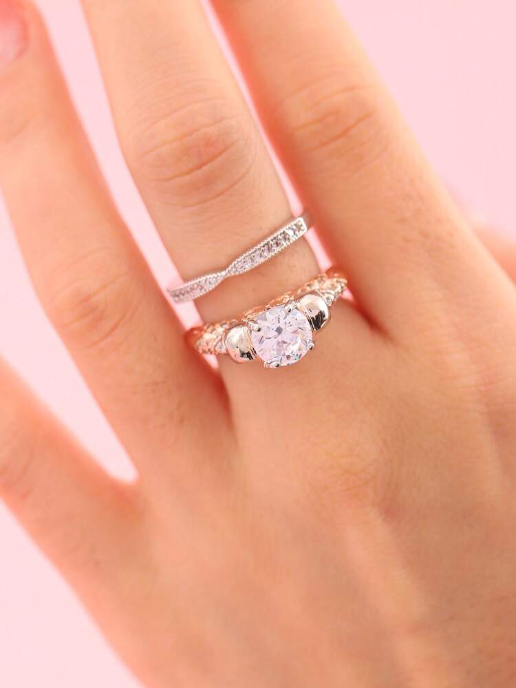 2pcs/set Funky Copper Rhinestone Decor Ring For Women For Daily Life