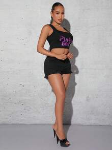 SHEIN SXY Letter Graphic Crop Tank Top - Black - View 5