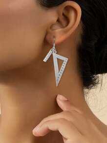 1pair Vintage Ruler & Compass Shaped Earrings, Great Gift For Students & Teachers On Graduation Season - Antique Silver - View 3