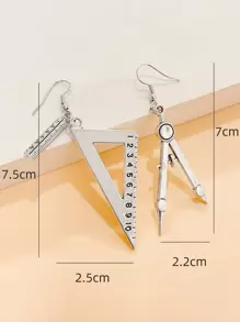 1pair Vintage Ruler & Compass Shaped Earrings, Great Gift For Students & Teachers On Graduation Season - Antique Silver - View 5