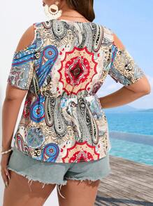 SHEIN Holidaya Plus Paisley Print Cold Shoulder Knot Front Peplum Blouse - White - View 2