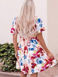 Floral Print Ruffle Hem Belted Dress - Multicolor - View 2