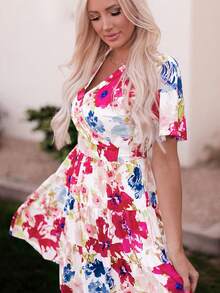 Floral Print Ruffle Hem Belted Dress - Multicolor - View 3