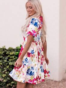 Floral Print Ruffle Hem Belted Dress - Multicolor - View 4