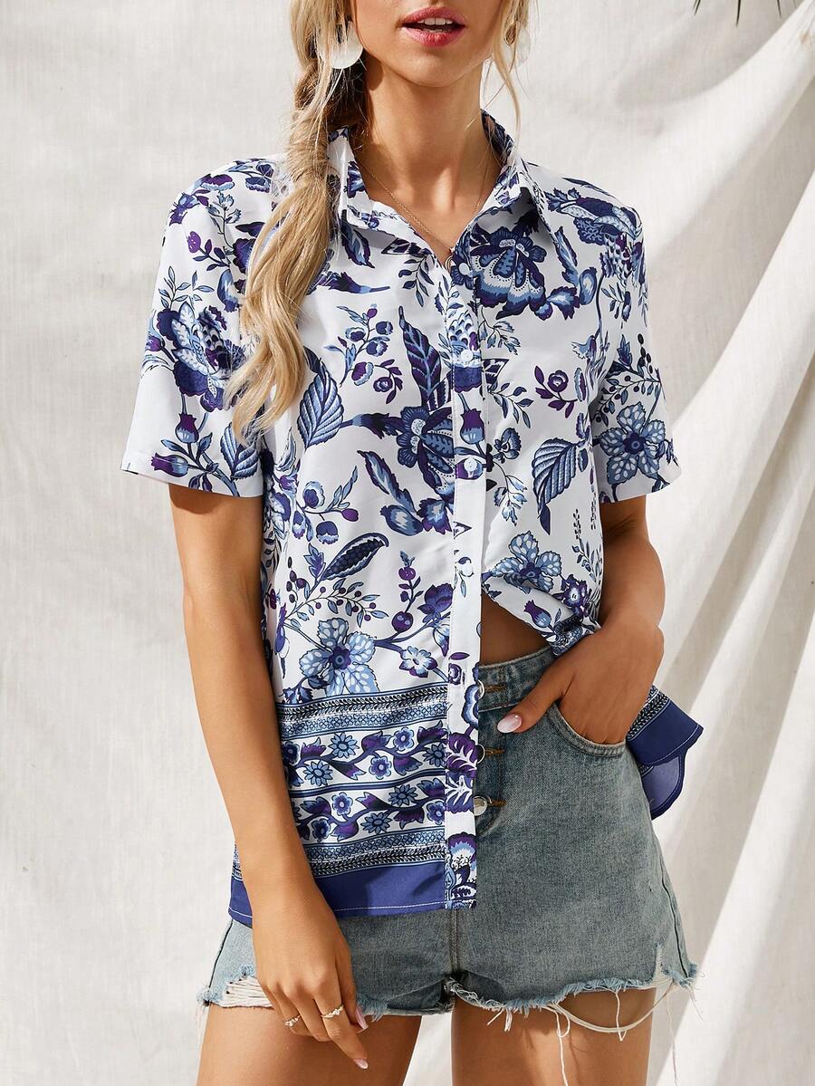 SHEIN LUNE Floral Print Button Front Shirt - Multicolor - View 1