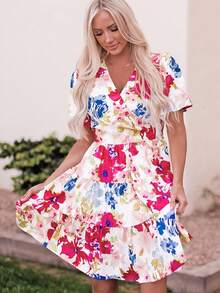 Floral Print Ruffle Hem Belted Dress - Multicolor - View 5