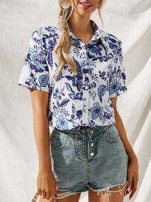 SHEIN LUNE Floral Print Button Front Shirt - Multicolor - View 3