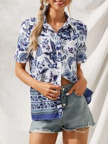 SHEIN LUNE Floral Print Button Front Shirt - Multicolor - View 4