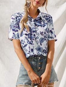 SHEIN LUNE Floral Print Button Front Shirt - Multicolor - View 5