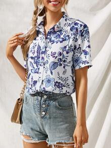 SHEIN LUNE Floral Print Button Front Shirt - Multicolor - View 6