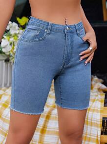 SHEIN EZwear Quần short denim nữ Nút Túi Hem thô Dây kéo màu trơn - Rửa trung bình - Xem 3