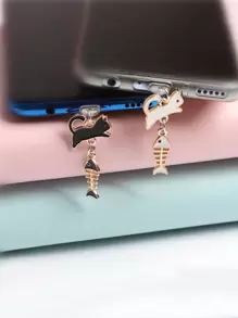 2 piezas con diseño de gato de dibujos animados aleación de zinc Móvil Tapón antipolvo - Blanco y Negro - Ver 1