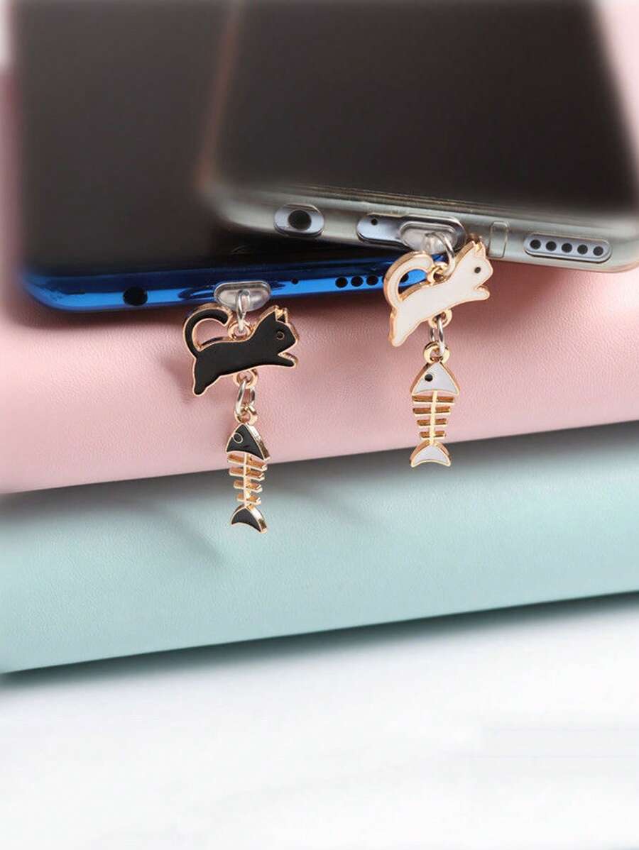 2 piezas con diseño de gato de dibujos animados aleación de zinc Móvil Tapón antipolvo - Blanco y Negro - Ver 1