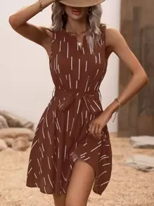 SHEIN Clasi Đầm Thắt lưng Hình học Giải trí - Rỉ Nâu - Xem 1