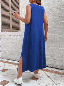 SHEIN LUNE Plus Size Women'S Solid Color Sleeveless Side Slit Dress - Blue - View 2