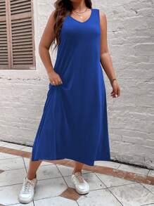 SHEIN LUNE Plus Size Women'S Solid Color Sleeveless Side Slit Dress - Blue - View 4