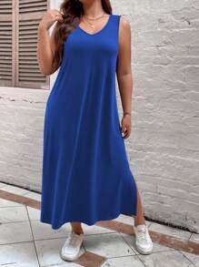 SHEIN LUNE Plus Size Women'S Solid Color Sleeveless Side Slit Dress - Blue - View 5