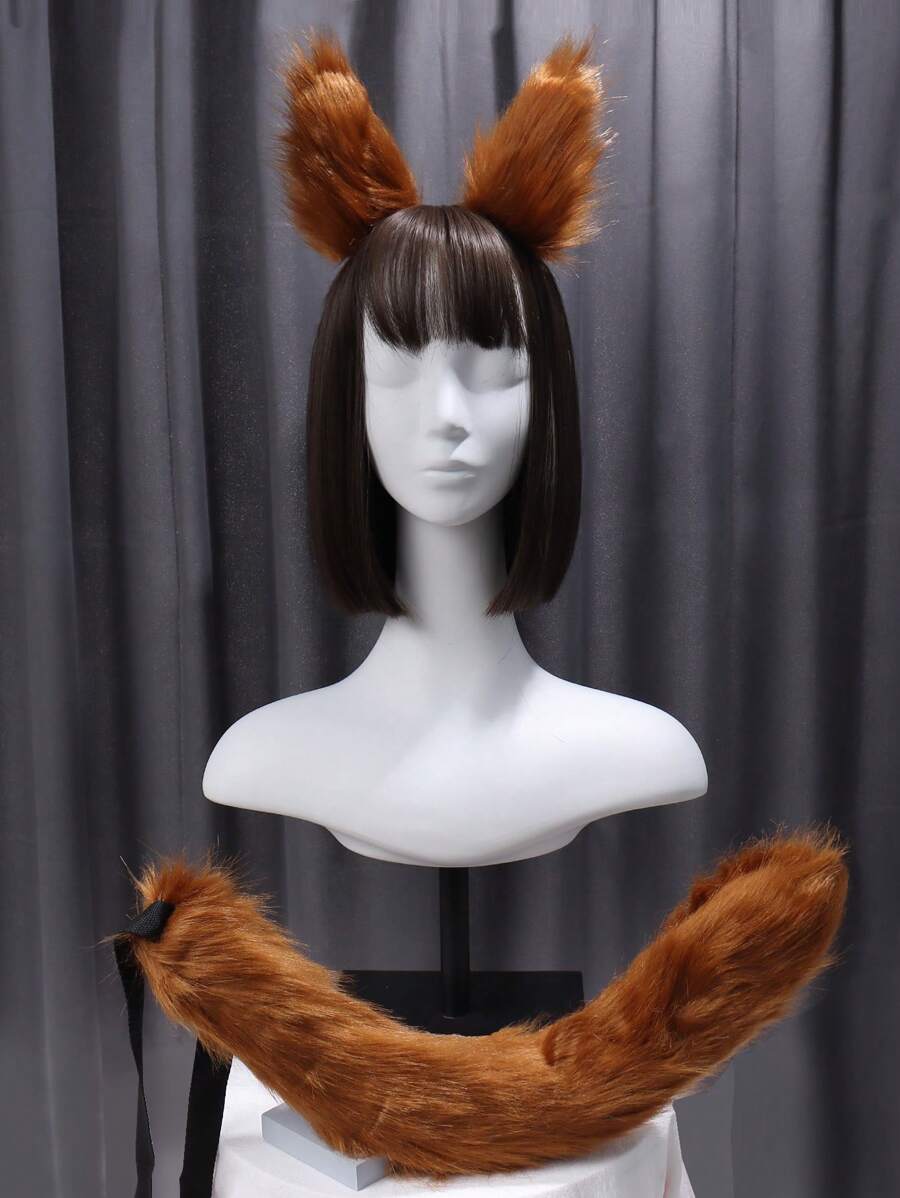 1套女士棕色毛絨動物裝扮套裝特色是可愛的貓狐貍耳朵和尾巴毛夾套裝,適合動漫博覽會和角色扮演