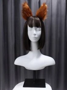 1套女士棕色毛絨動物裝扮套裝特色是可愛的貓狐貍耳朵和尾巴毛夾套裝,適合動漫博覽會和角色扮演