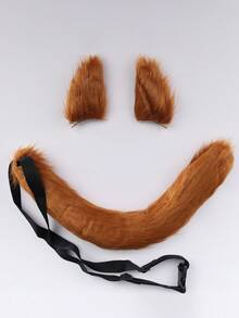 1套女士棕色毛絨動物裝扮套裝特色是可愛的貓狐貍耳朵和尾巴毛夾套裝,適合動漫博覽會和角色扮演