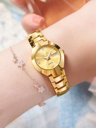 Poshi 1 件女士不锈钢表带手表，配有简约表盘和日历，石英机芯