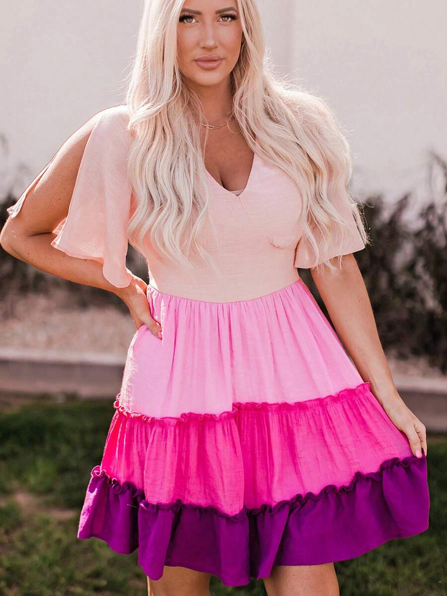 撞色開衩袖荷葉邊連衣裙 - 彩色 - 查看 1