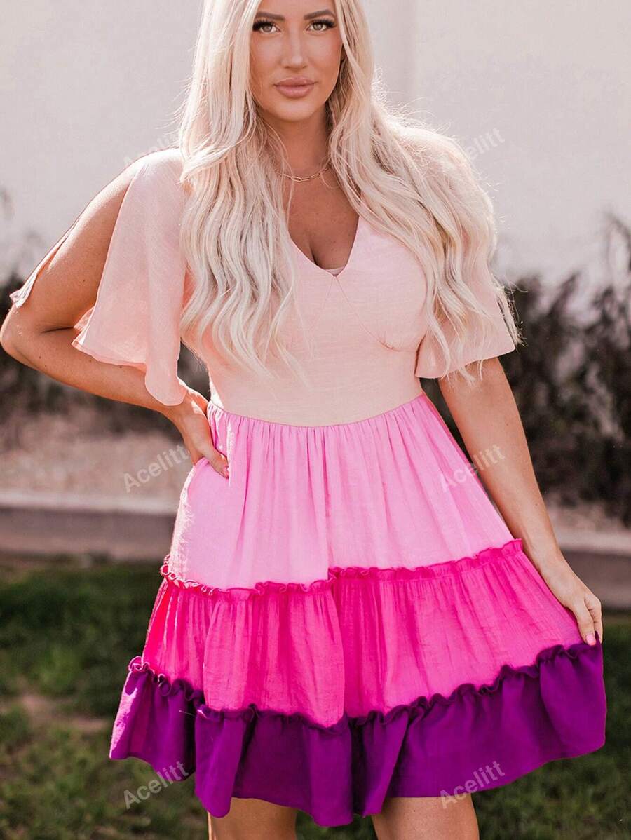 Colorblock Split Sleeve Ruffle Hem Dress