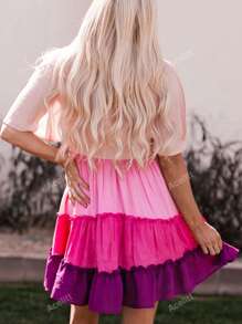 Colorblock Split Sleeve Ruffle Hem Dress