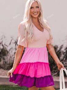 Colorblock Split Sleeve Ruffle Hem Dress